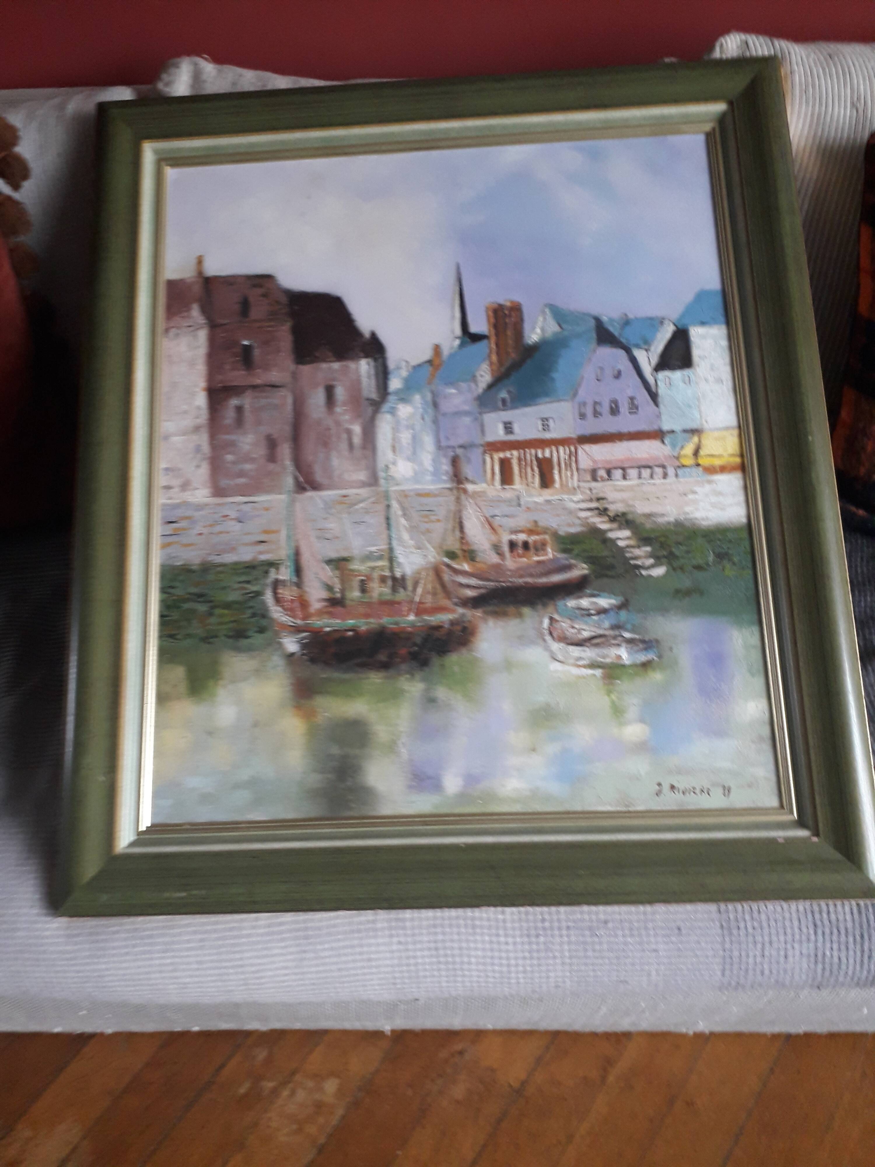 Old oil painting depicting a port