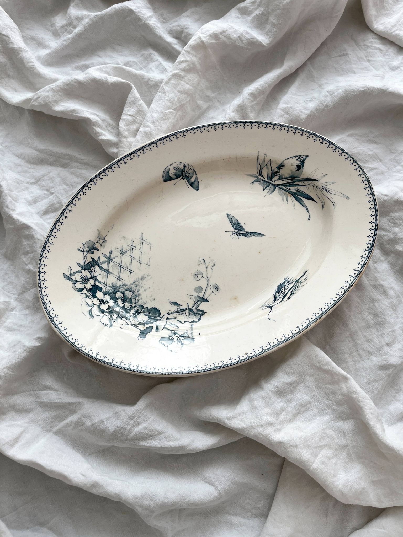 Plat ovale en terre de fer fleurs oiseaux "Malaga" Petrus Regout