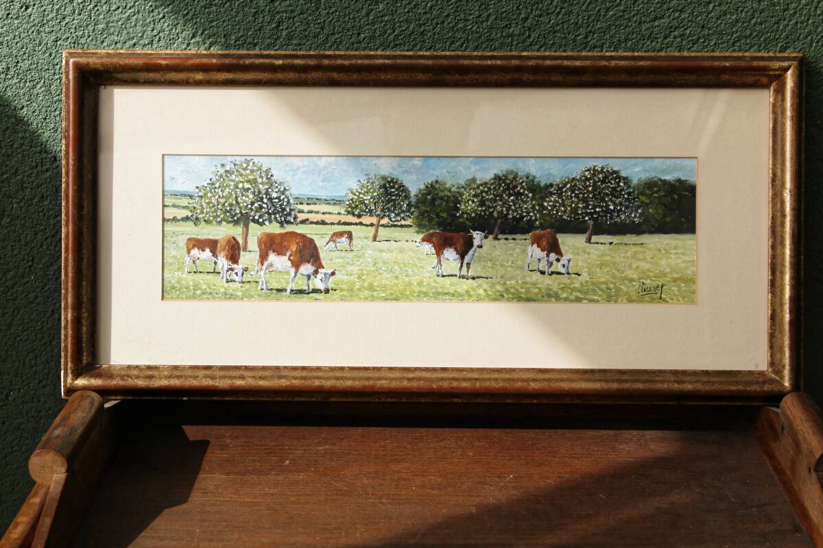 Pastoral oil painting, cows in the meadow