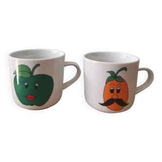 Set of 2 small vintage coffee cups screen-printed fruit apple weidmann porzellan italiano