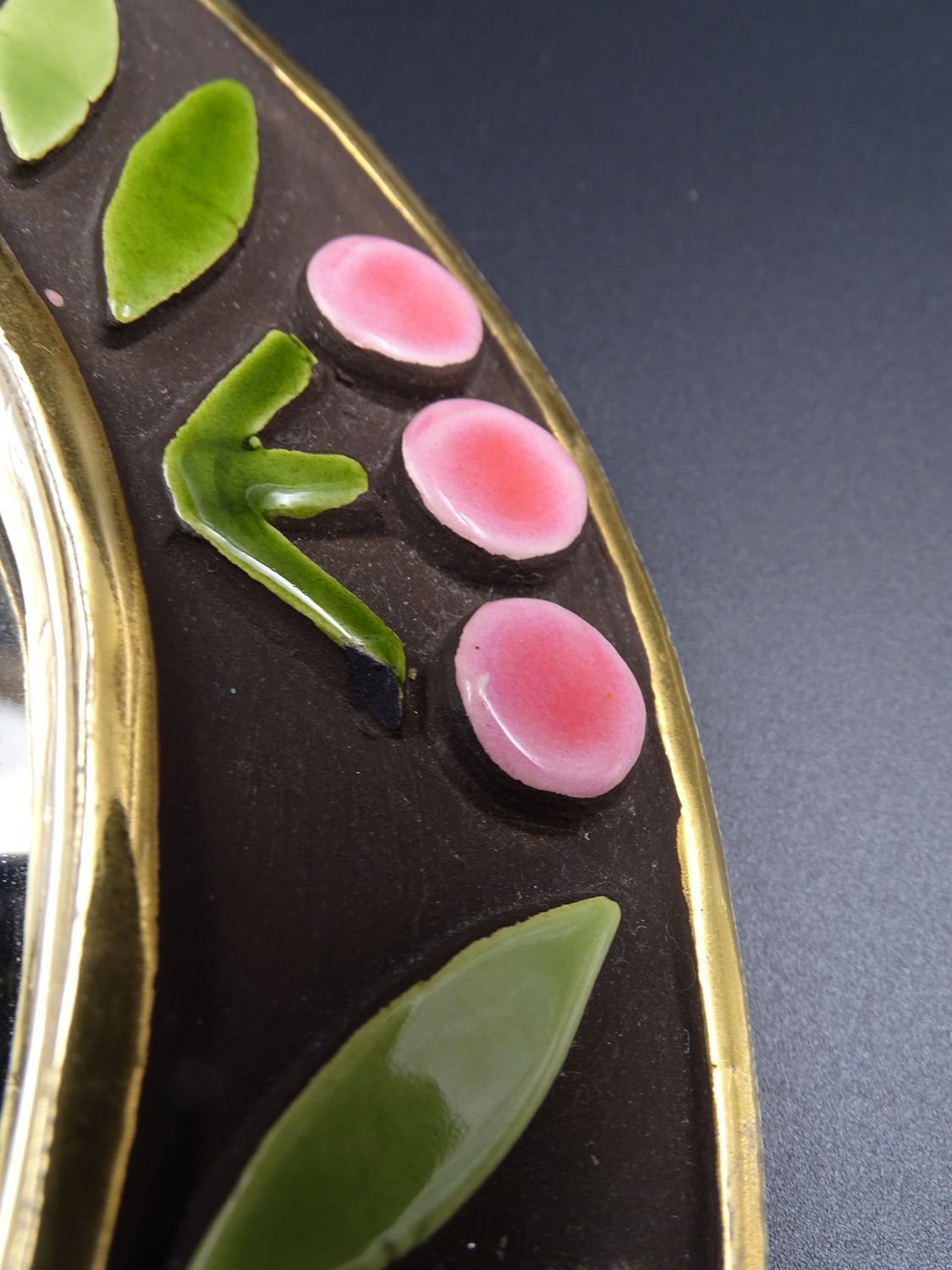 Small round mirror in earthenware- Cherry enamelled decoration - circa 1970