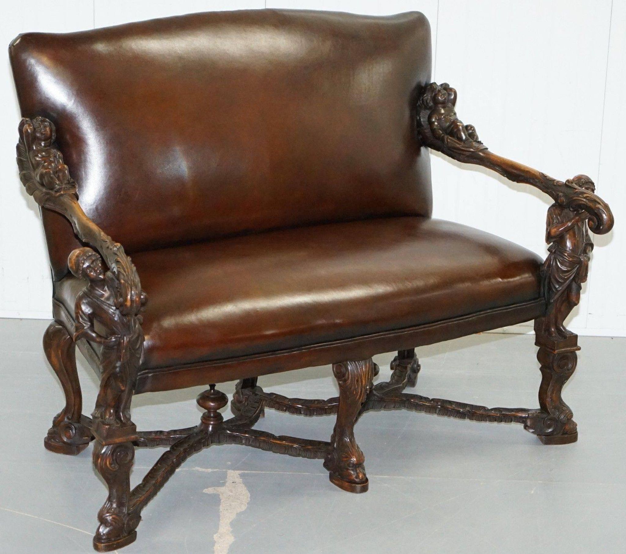 Carved Walnut Baroque Venetian Bench with Leather