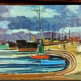 Oil painting Livorno 1975 port boats magnificent