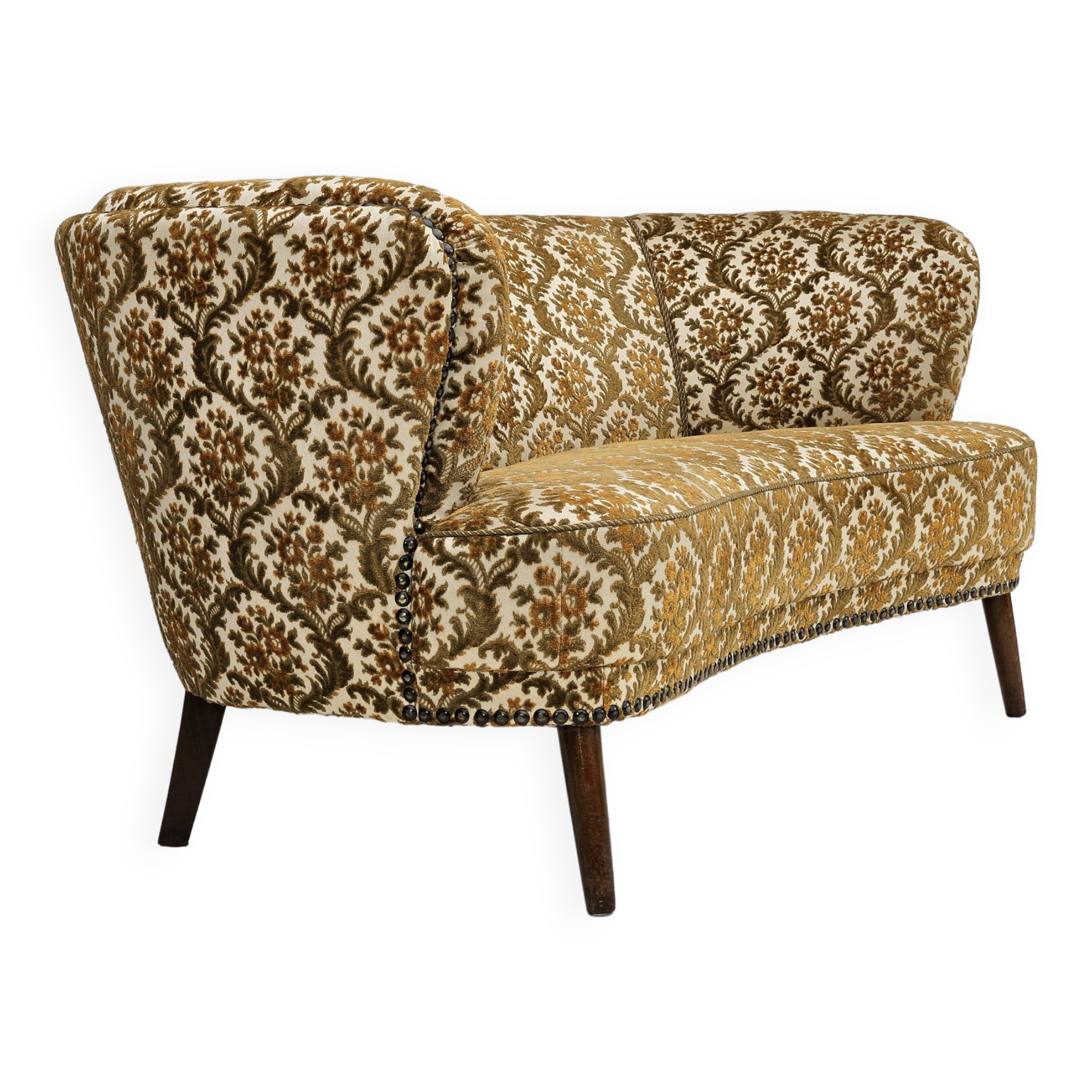 Canapé danois 2 places "banana", état d'origine, tissu d'ameublement run/beige, bois de hêtre, années 1960,