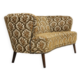 Canapé danois 2 places "banana", état d'origine, tissu d'ameublement run/beige, bois de hêtre, années 1960,