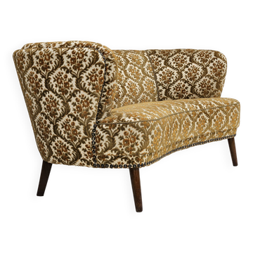 Canapé danois 2 places "banana", état d'origine, tissu d'ameublement run/beige, bois de hêtre, années 1960,