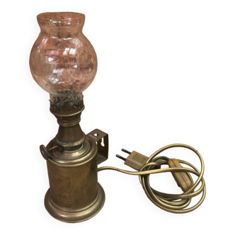 Ancienne lampe a huile électrifiée abeille laiton + verre vintage