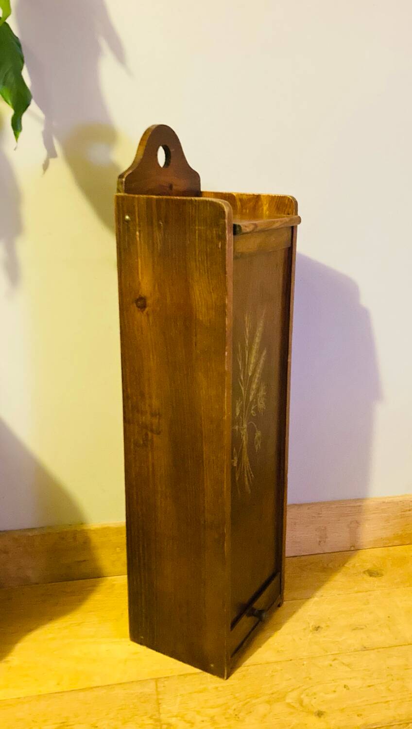 1980s solid wood bread bin decorated with a golden wheat sheaf