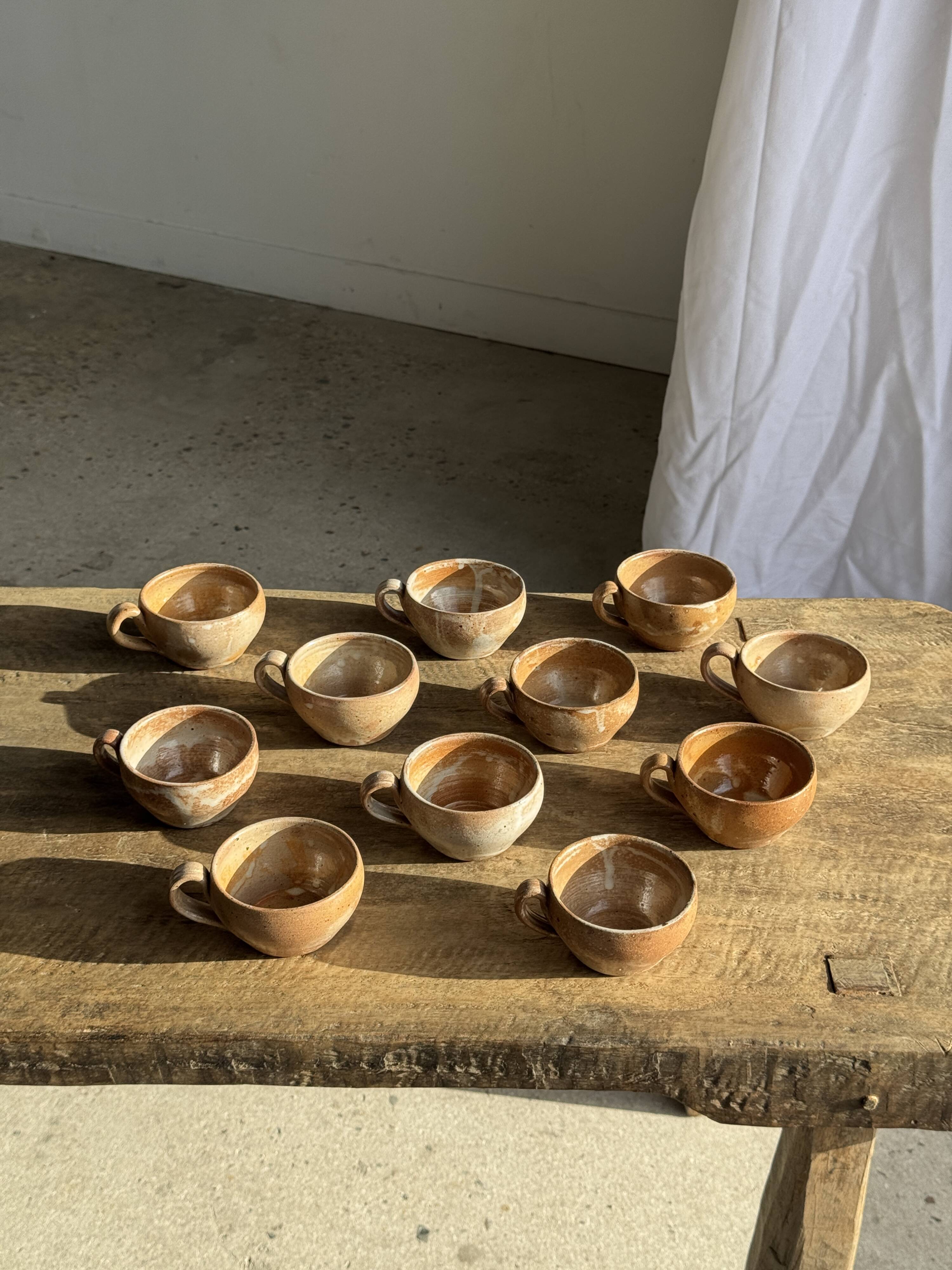Set of 11 vintage coffee cups, raw matte stoneware H11