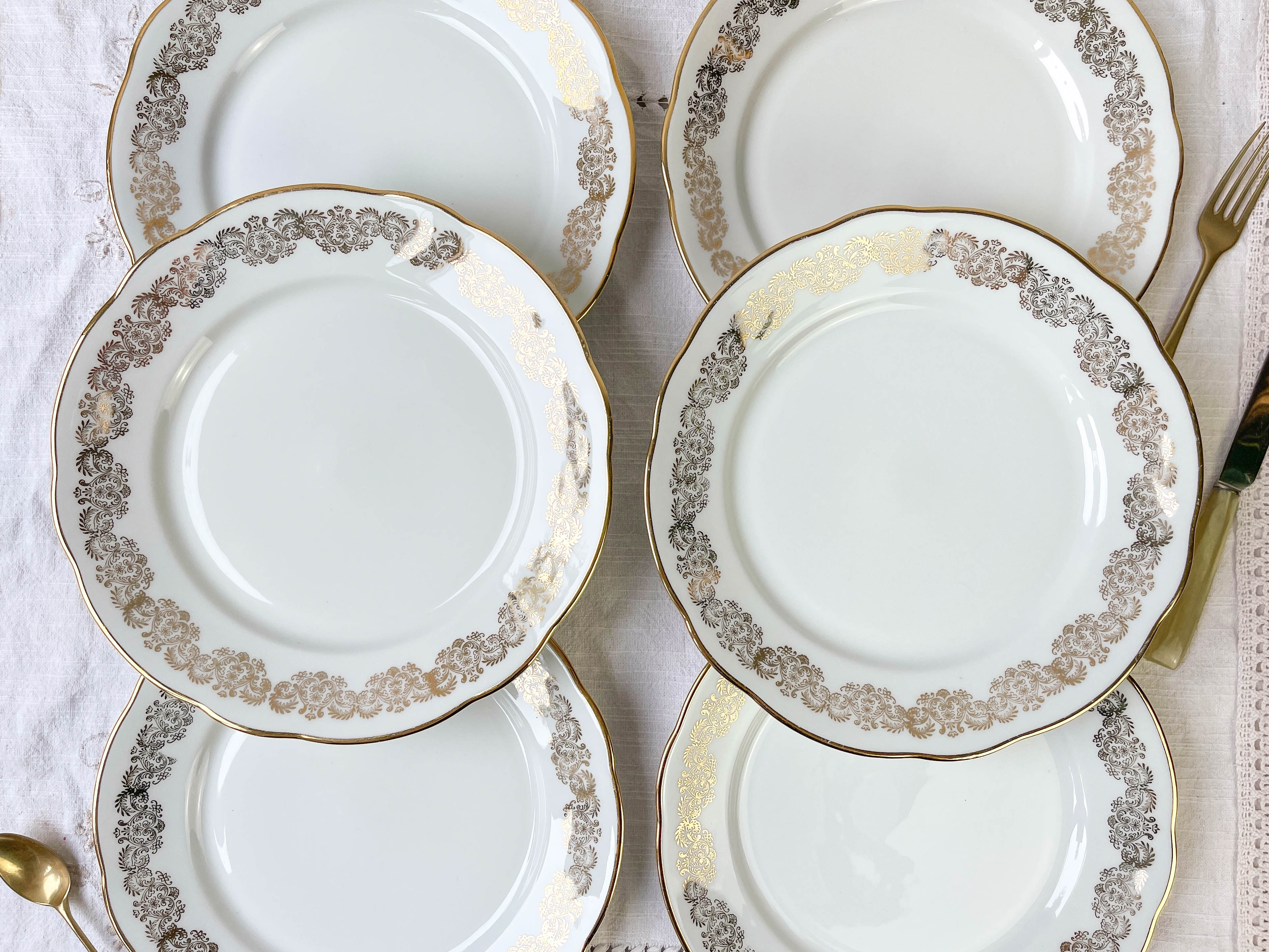 6 assiettes plates porcelaine blanche doré chauvigny limoges