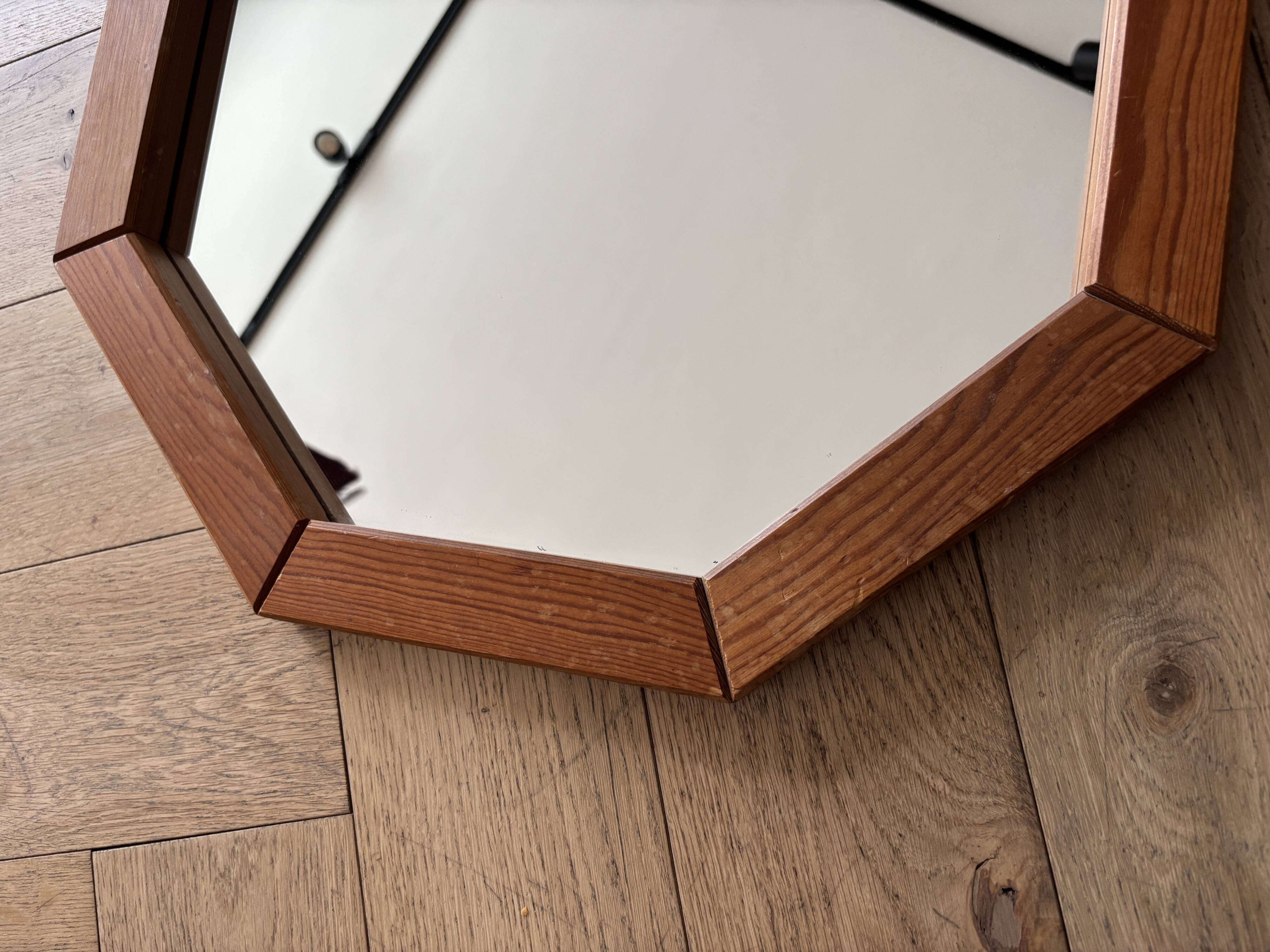 Vintage Octagonal Wooden Wall Mirror – 1970s Geometric Design