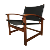 Fauteuil scandinave Hyllinge Mobler Denmark style safari en cuir et bois