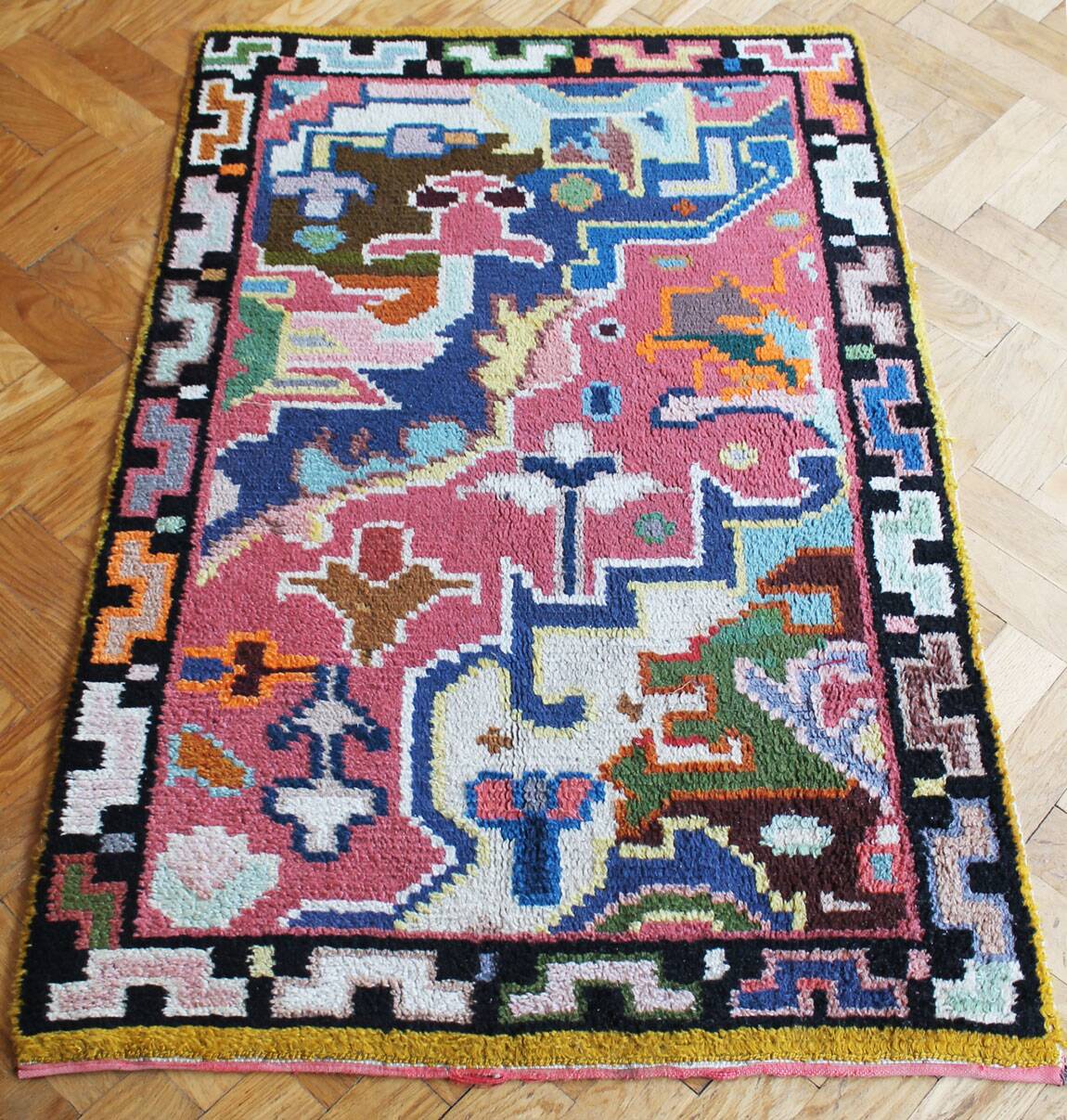 1960s Wool Rug with Vibrant Geometric Abstract Pattern