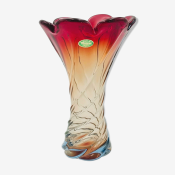 Vase en verre de Murano torsadé italien vintage étiqueté, années 1960