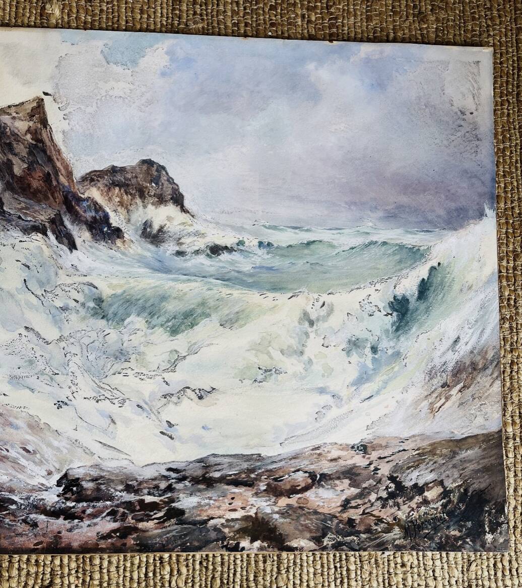 Watercolor Maurice Perronnet (1877-1950) Wave breaking against a rock