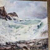 Watercolor Maurice Perronnet (1877-1950) Wave breaking against a rock