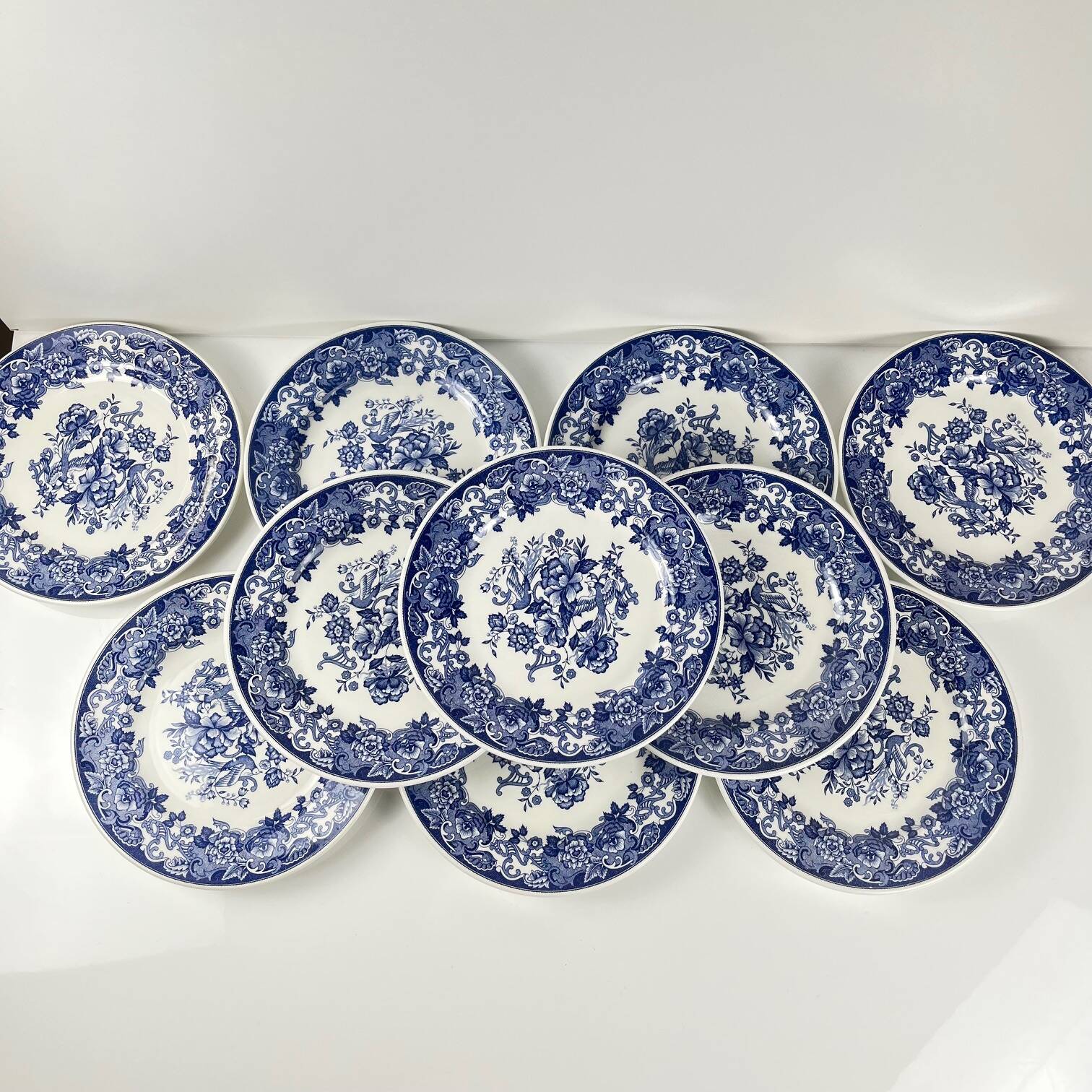 Set of 10 blue earthenware dessert plates with floral and bird decoration