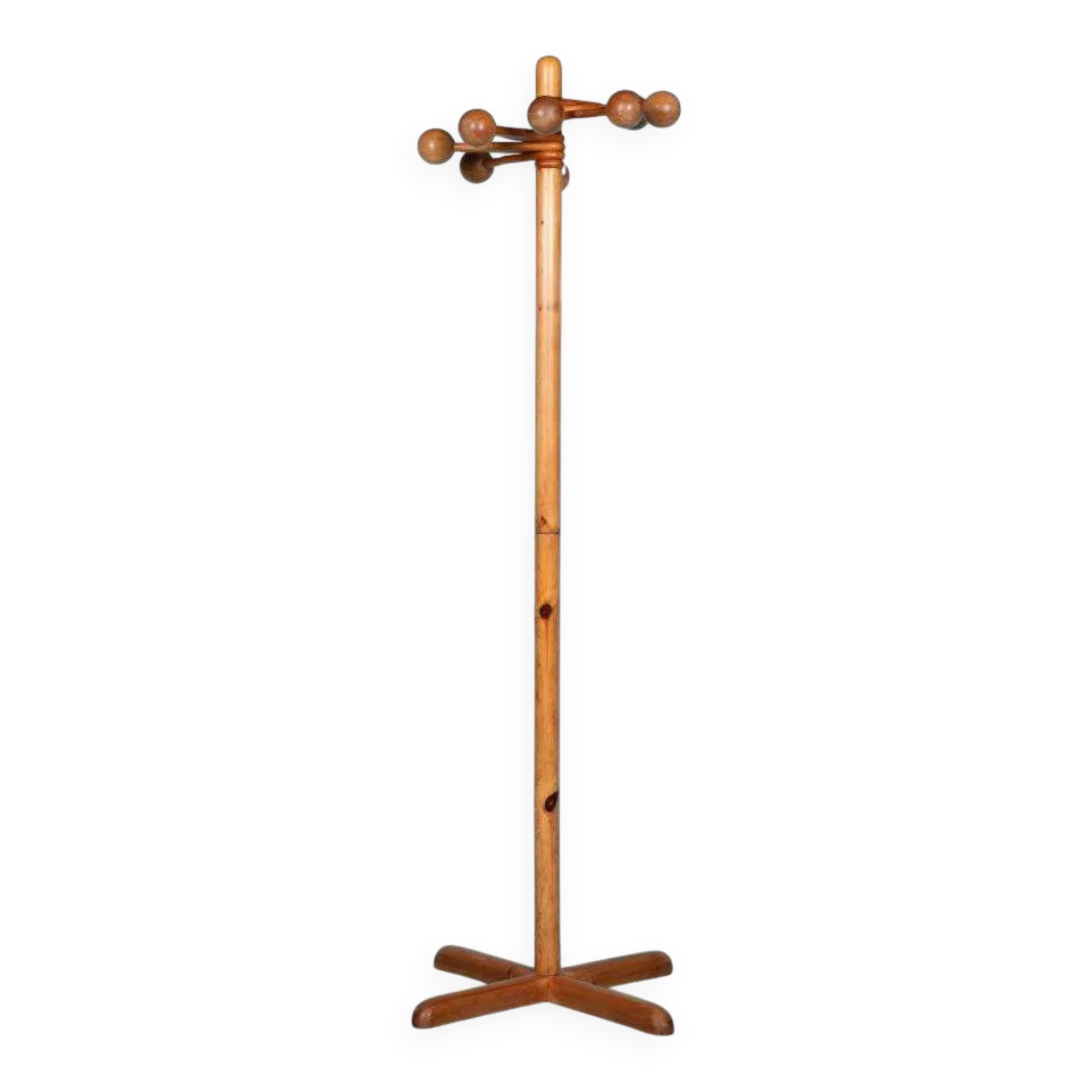 Minimalist organic coat rack in pine from the 1970s in space age style.