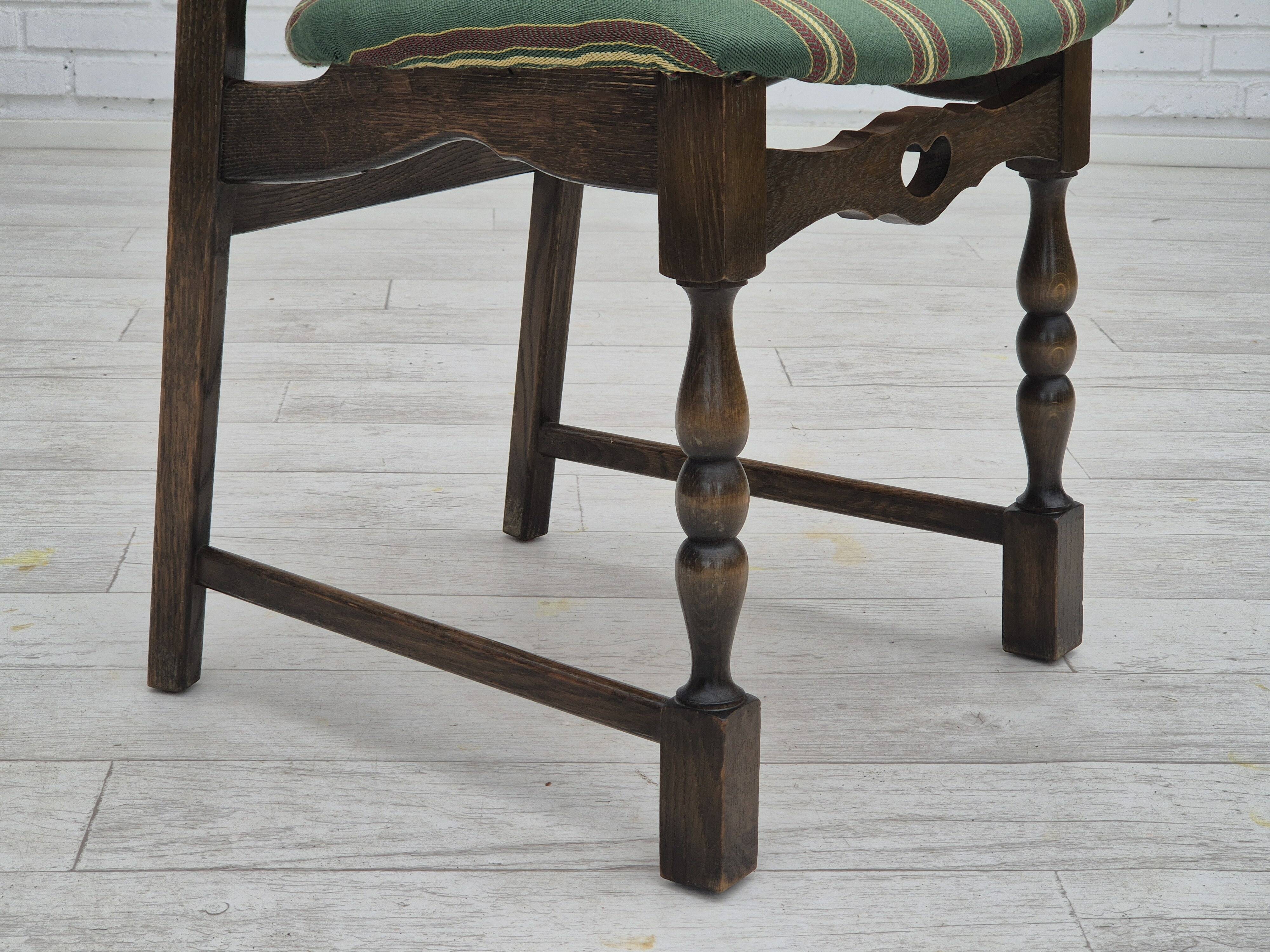 1970s, set of 4 Danish dining chairs, original condition, dark oak wood, furniture wool fabric.