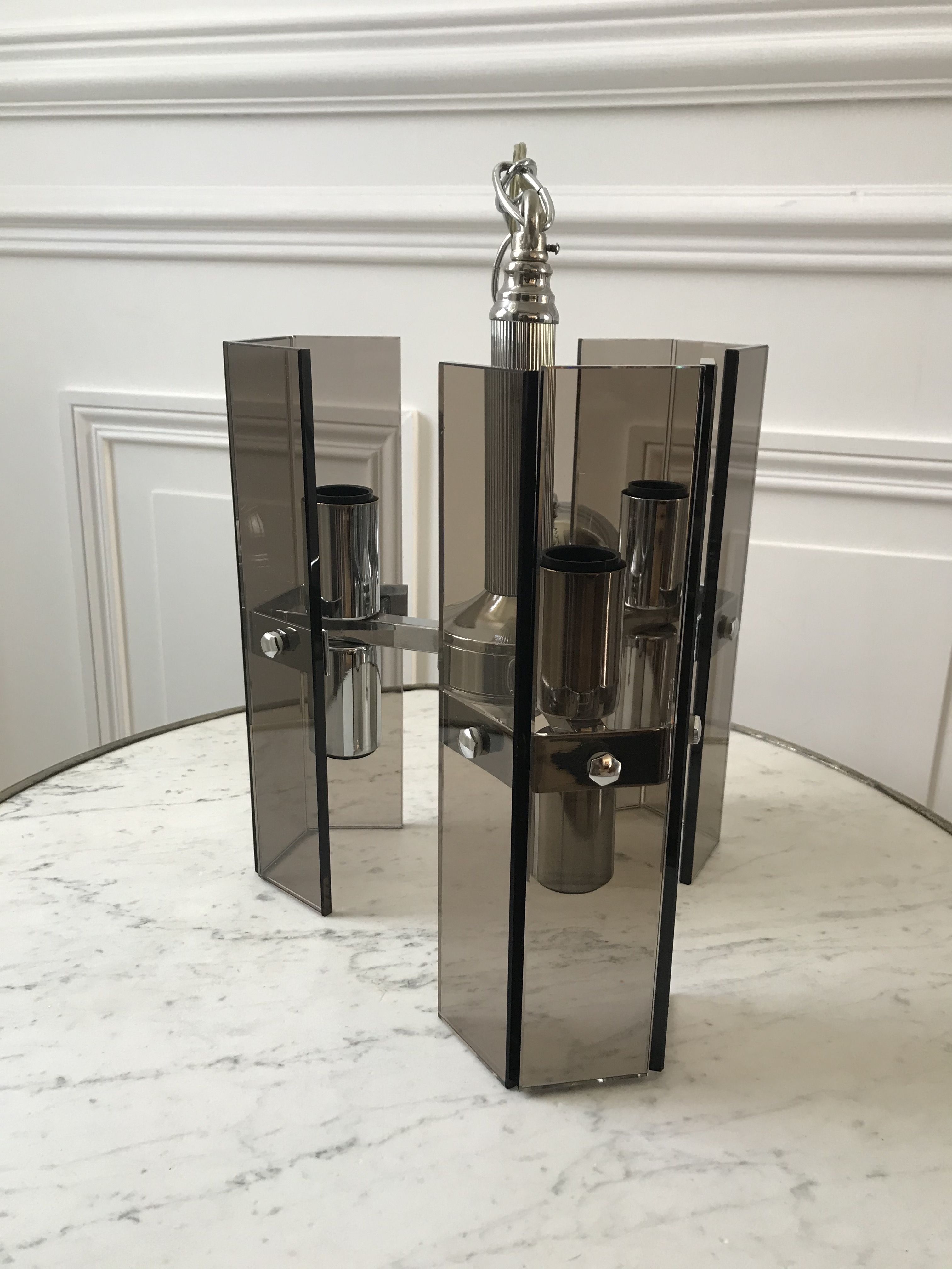 Chrome metal pendant lamp and smoked glass futuristic style 70s
