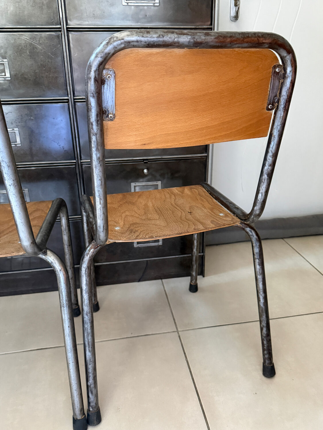 Pair of vintage adult school chairs in patinated metal