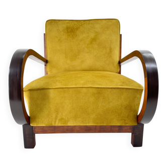 Art Deco Beech Wood Armchair, 1930's, Newly Upholstered