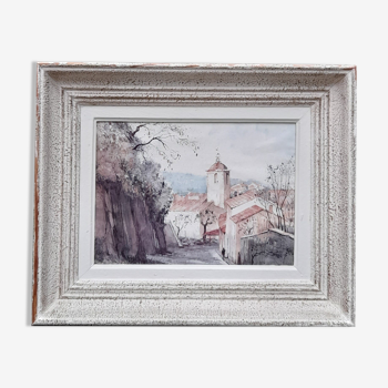 Wooden frame watercolor village of the south and its bell tower