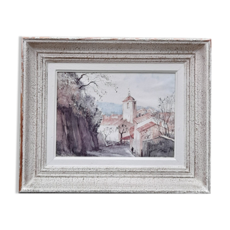 Wooden frame watercolor village of the south and its bell tower