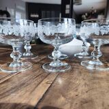Set of 6 vintage glass champagne glasses with grape cluster filigree