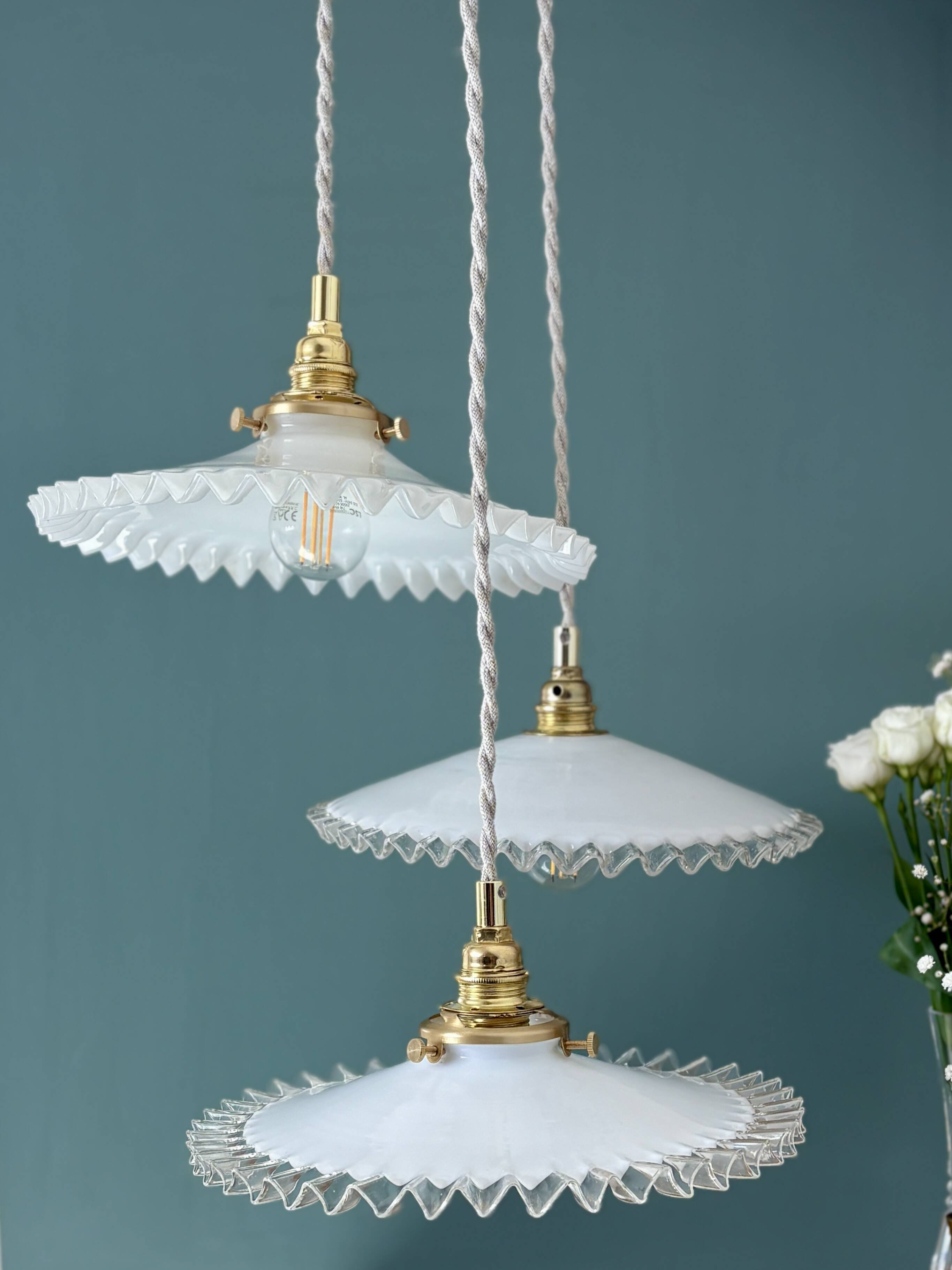 Vintage triple pendant lamp in white opaline