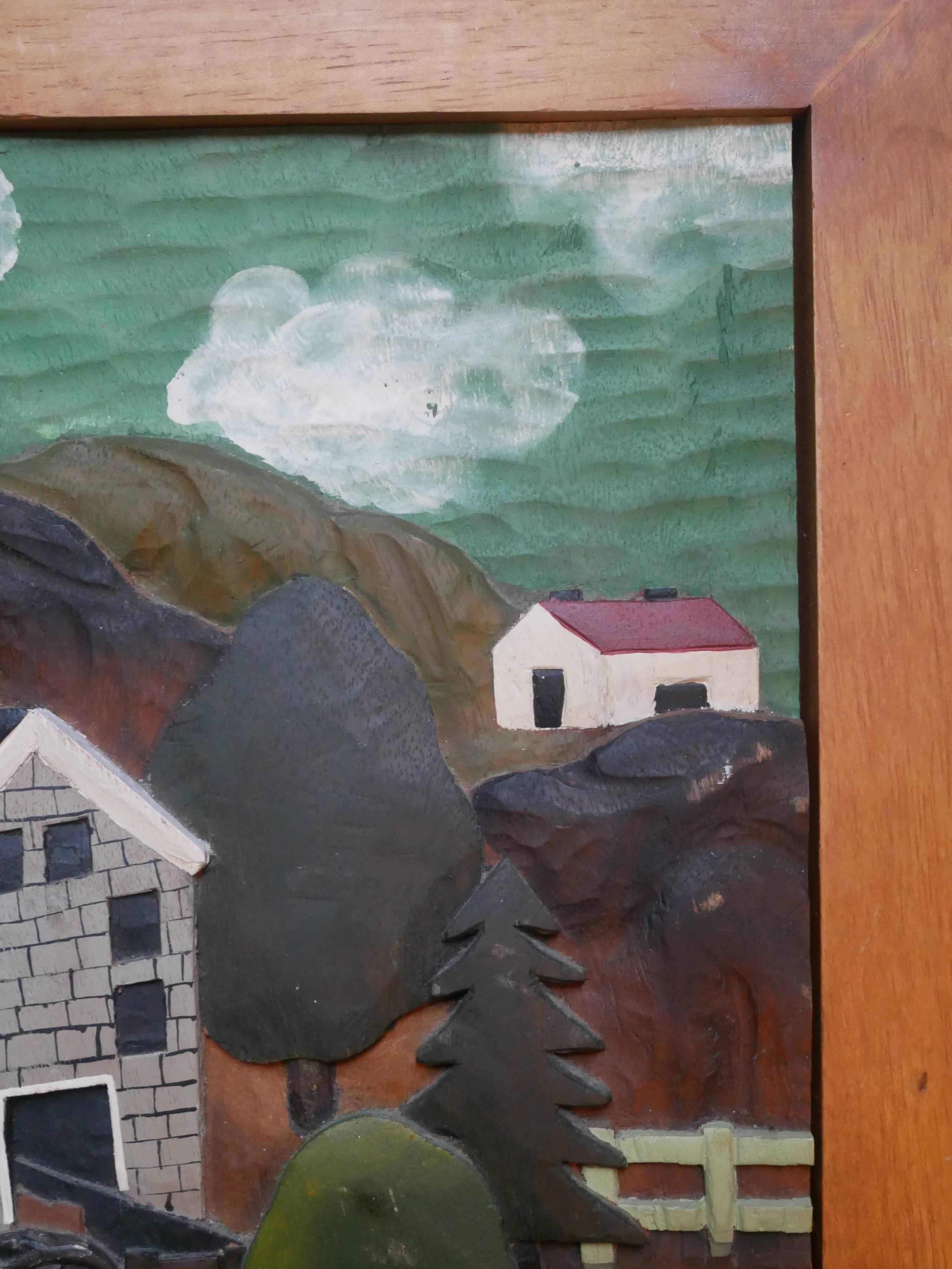 Naïve Art Painting in Handcrafted Wood Decorative Frame for Child Boy Mountain Landscape