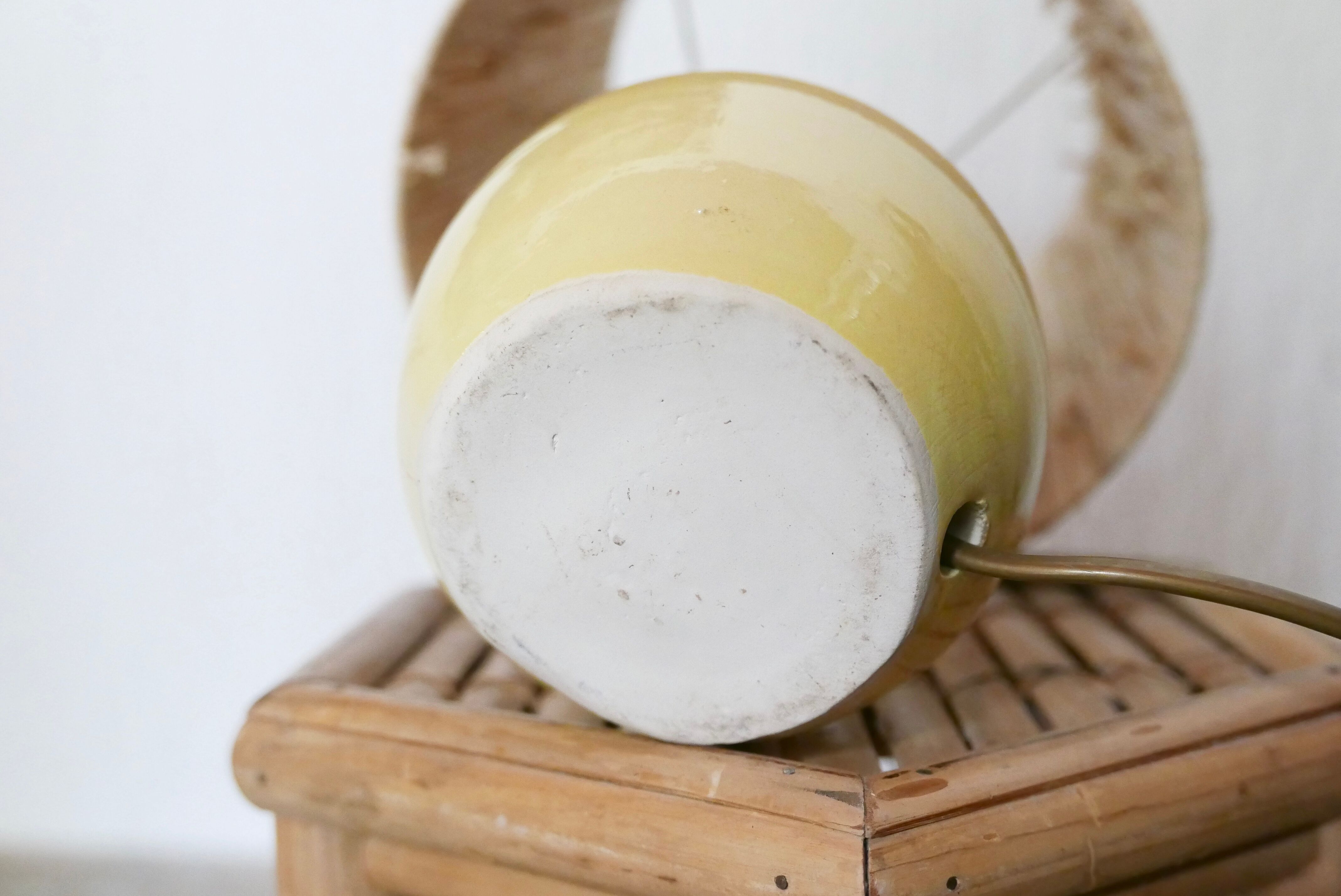 Yellow ceramic lamp, raffia lampshade, 60s