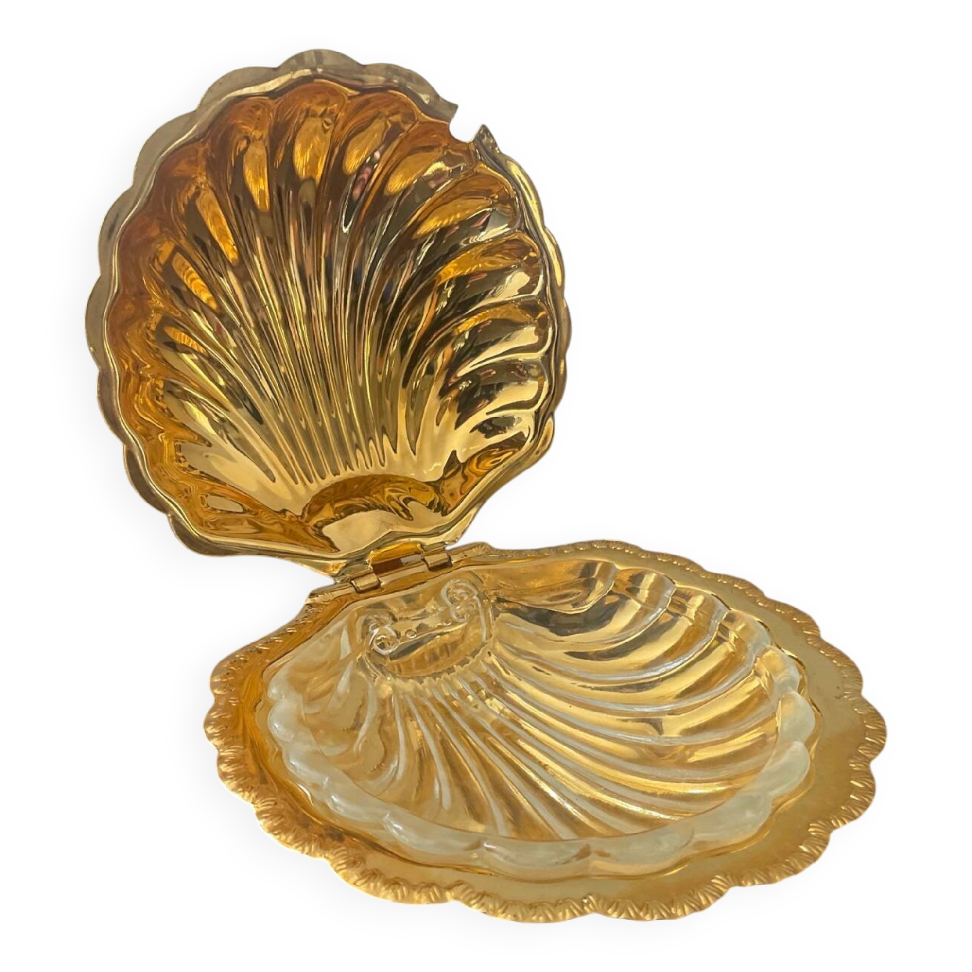 Vintage shell butter dish in gold metal