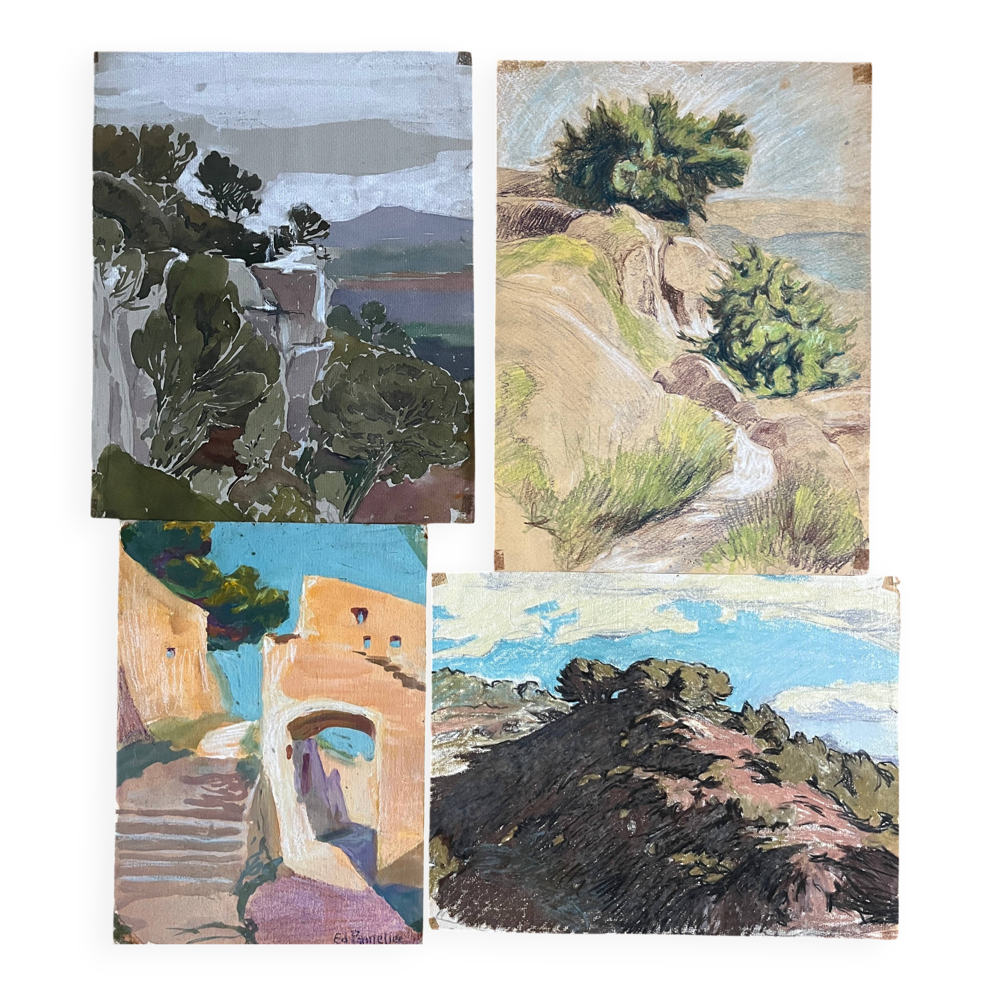 Paintings set of 4 drawings by Ed. Pannetier (1884-1965) Provence Côte d'Azur