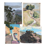 Paintings set of 4 drawings by Ed. Pannetier (1884-1965) Provence Côte d'Azur