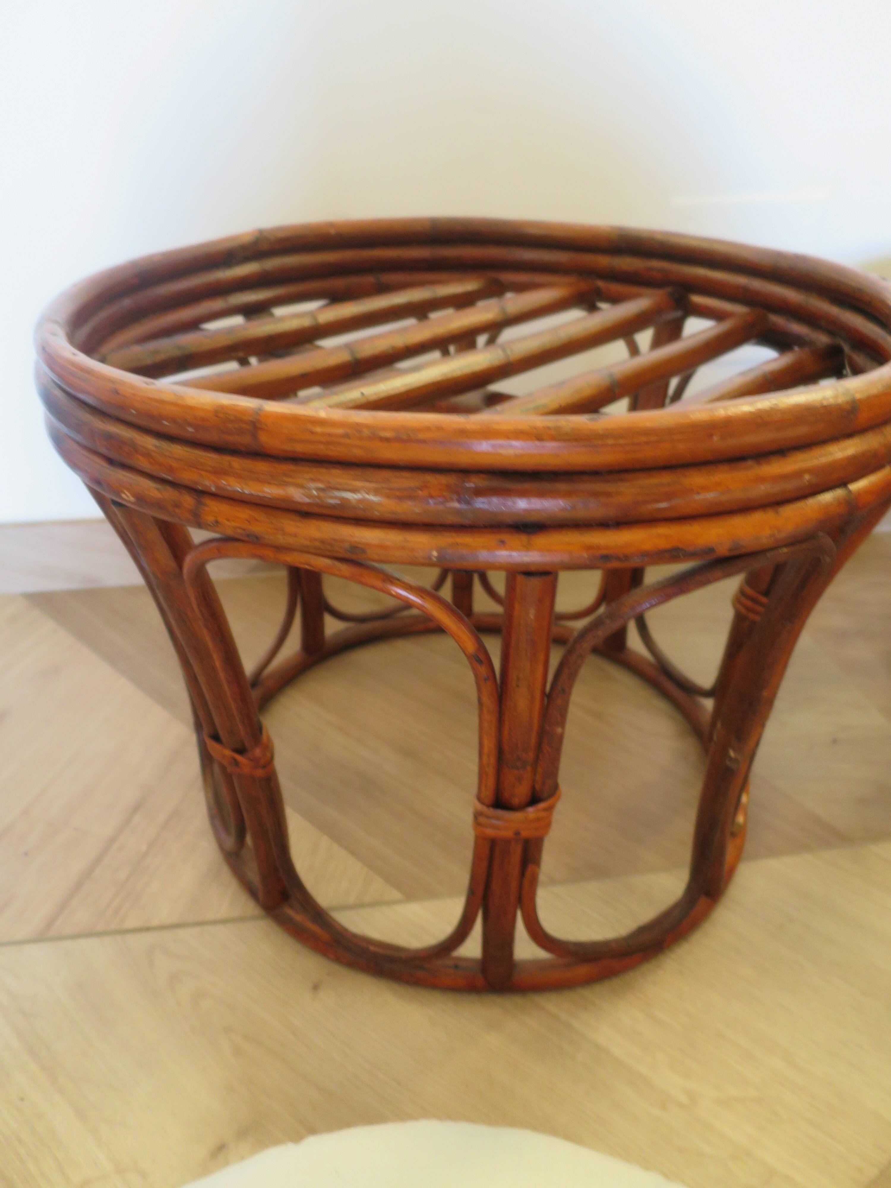 Pretty pair of 2 bamboo and rattan stools with cushions - 80s - Vintage - set of 2