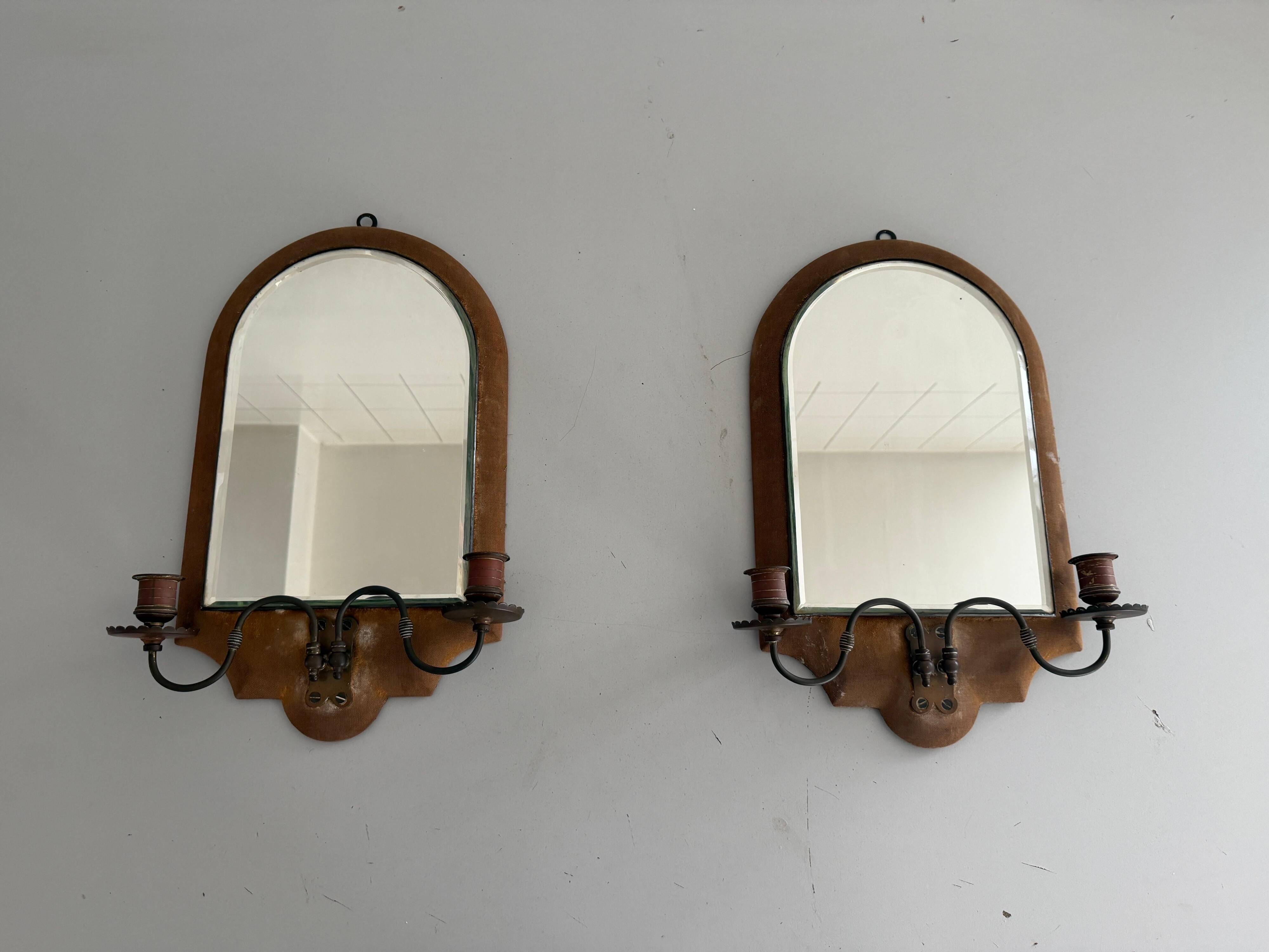 Pair of brass double-headed candlesticks with mirrors, 1940s, Italy