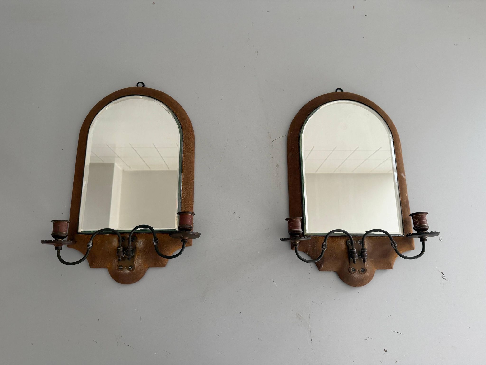 Pair of brass double-headed candlesticks with mirrors, 1940s, Italy