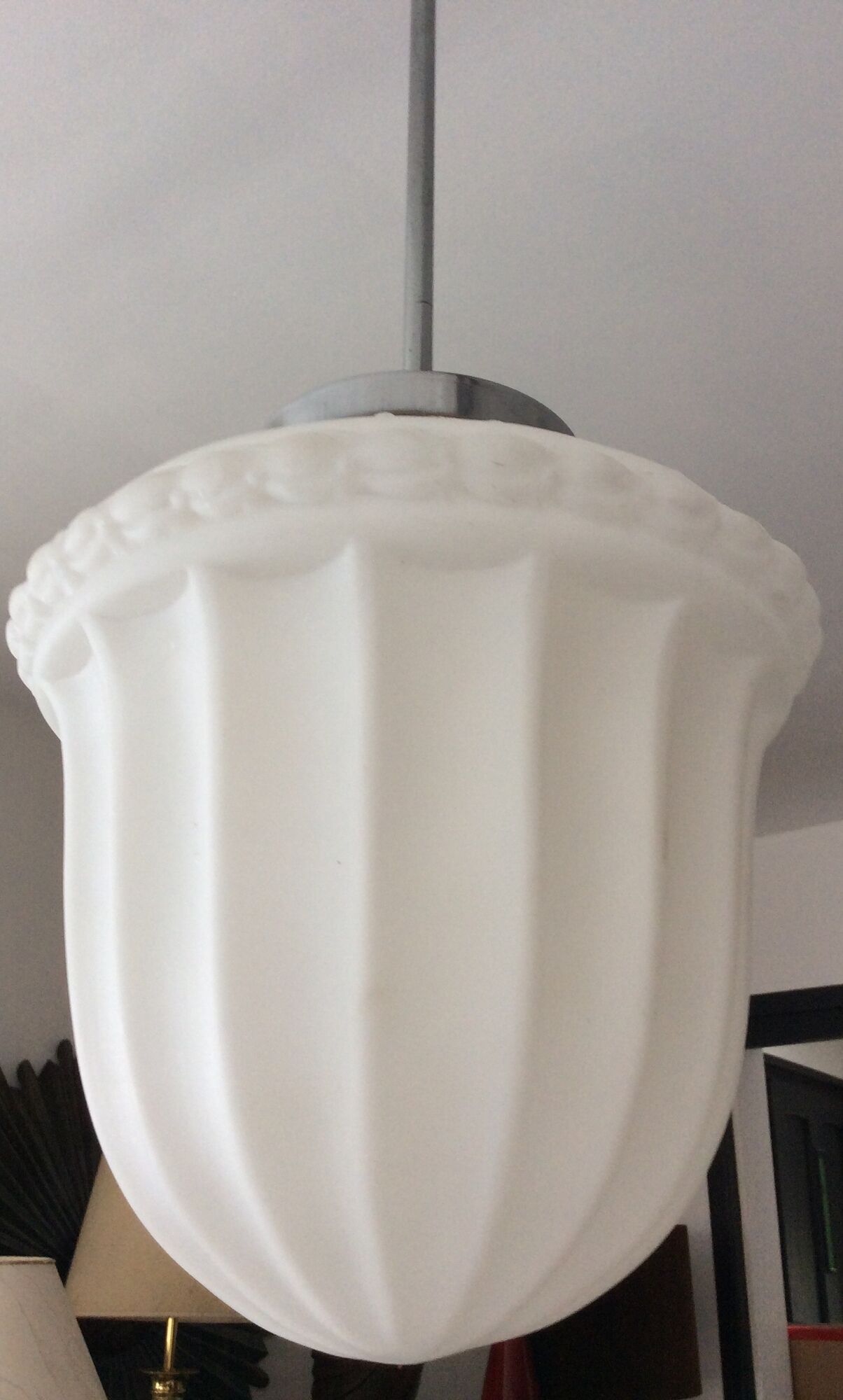 Art deco pendant lamp from the 50s in opaline and chrome metal