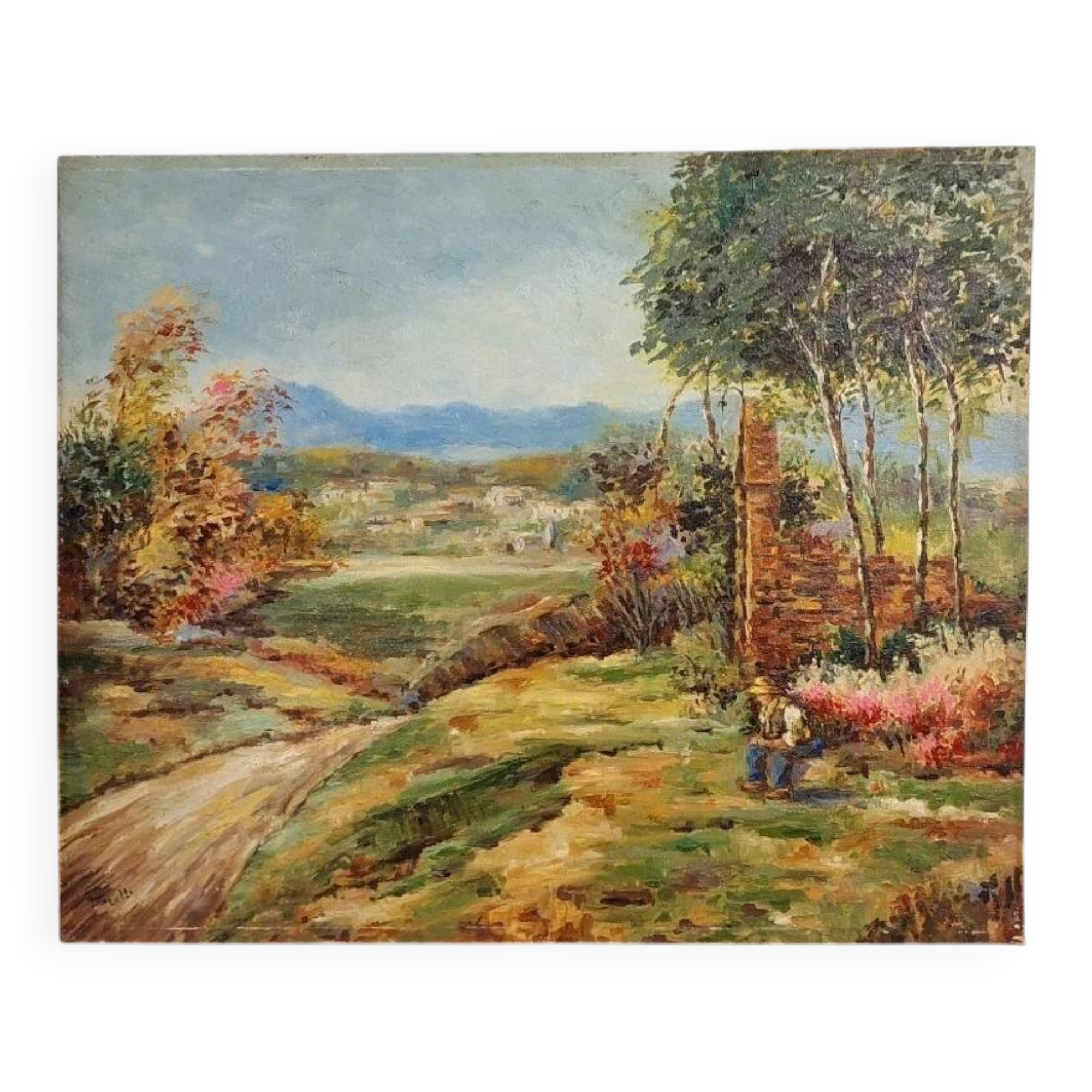 Oil painting on panel of a rural landscape, signed.