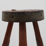 Brutalist French solid oak tripod stool with metal rim, 1850s