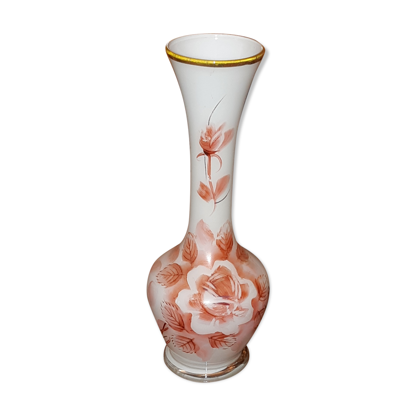 Soliflore vase in blown opaline glass decorated with flowers