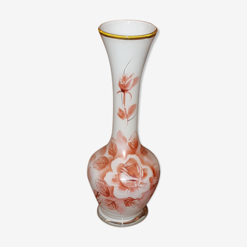 Soliflore vase in blown opaline glass decorated with flowers