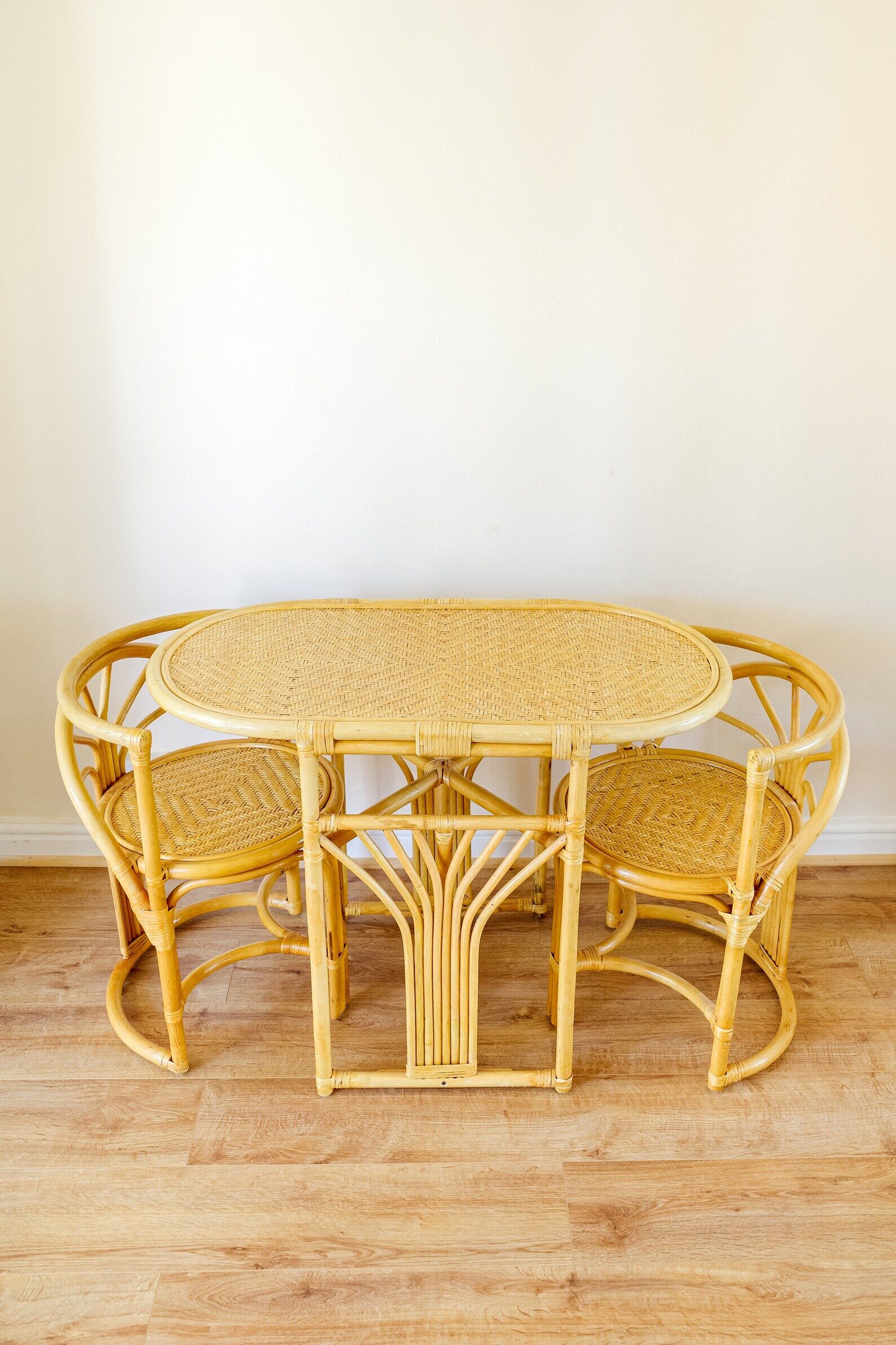 Bamboo Bistro Set / Table and Chairs Dining Set / Outdoor Cane Wicker, Mid Century Patio Furniture