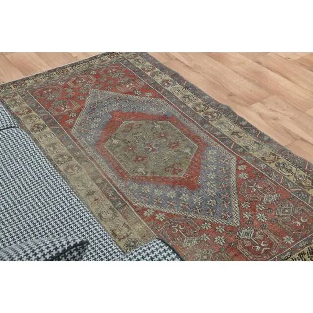 1970s Vintage Turkish Oushak Handmade Wool Cotton Red Area Rug 92x195