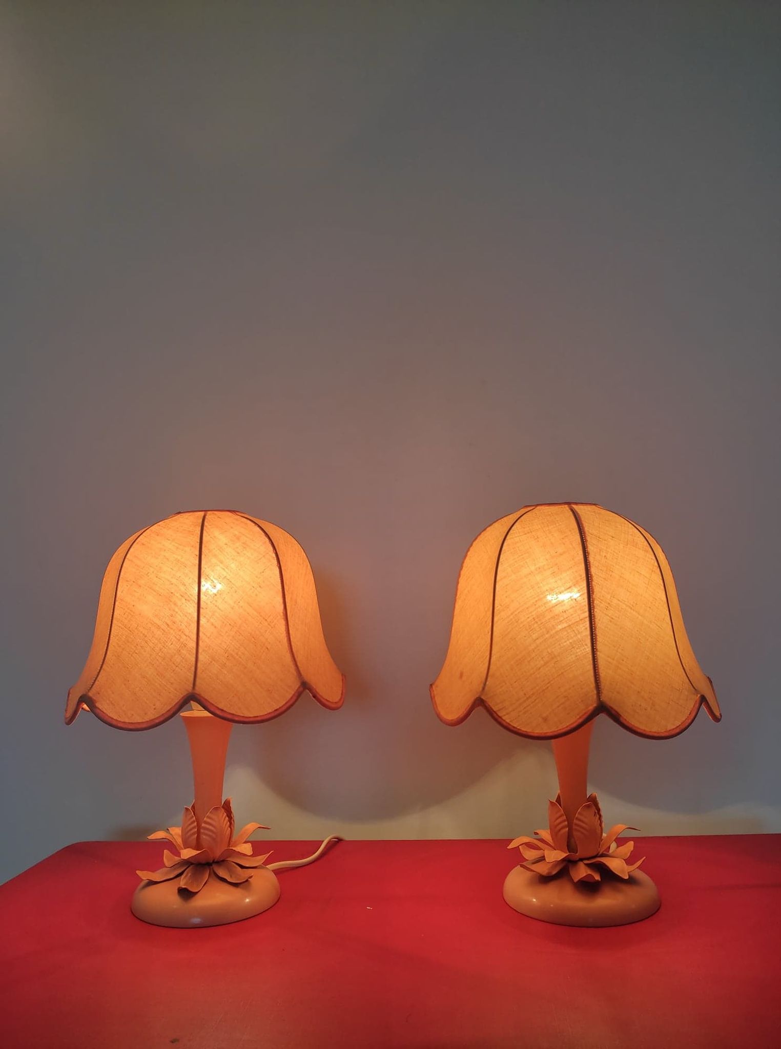 Pair of pink bedside lamps "blush/salmon" fabric lampshade, metal details.