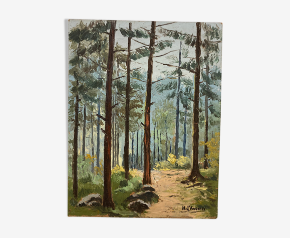 Huile sur panneau paysage arboré vintage