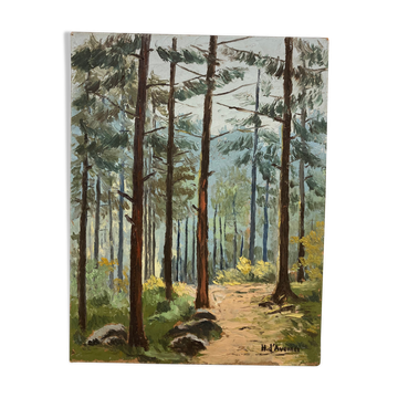 Huile sur panneau paysage arboré vintage