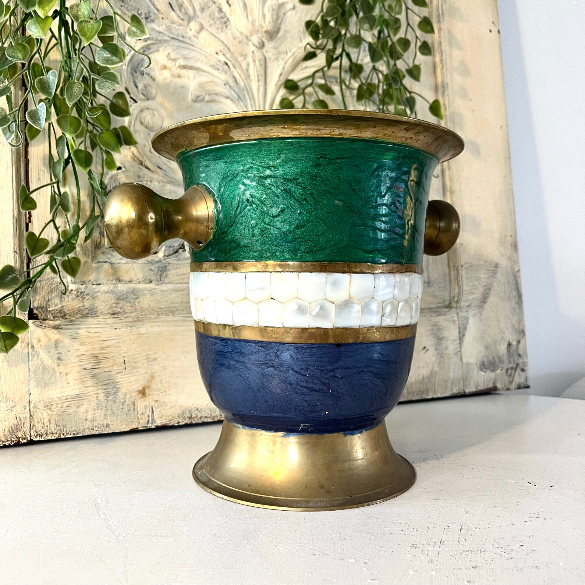 French Cloisonne cooler, Vintage Shell Inlay Barware Enamel Ice Bucket