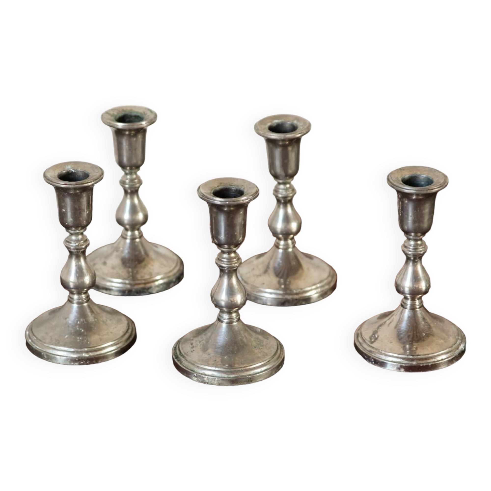 Set of 5 silver metal candle holders